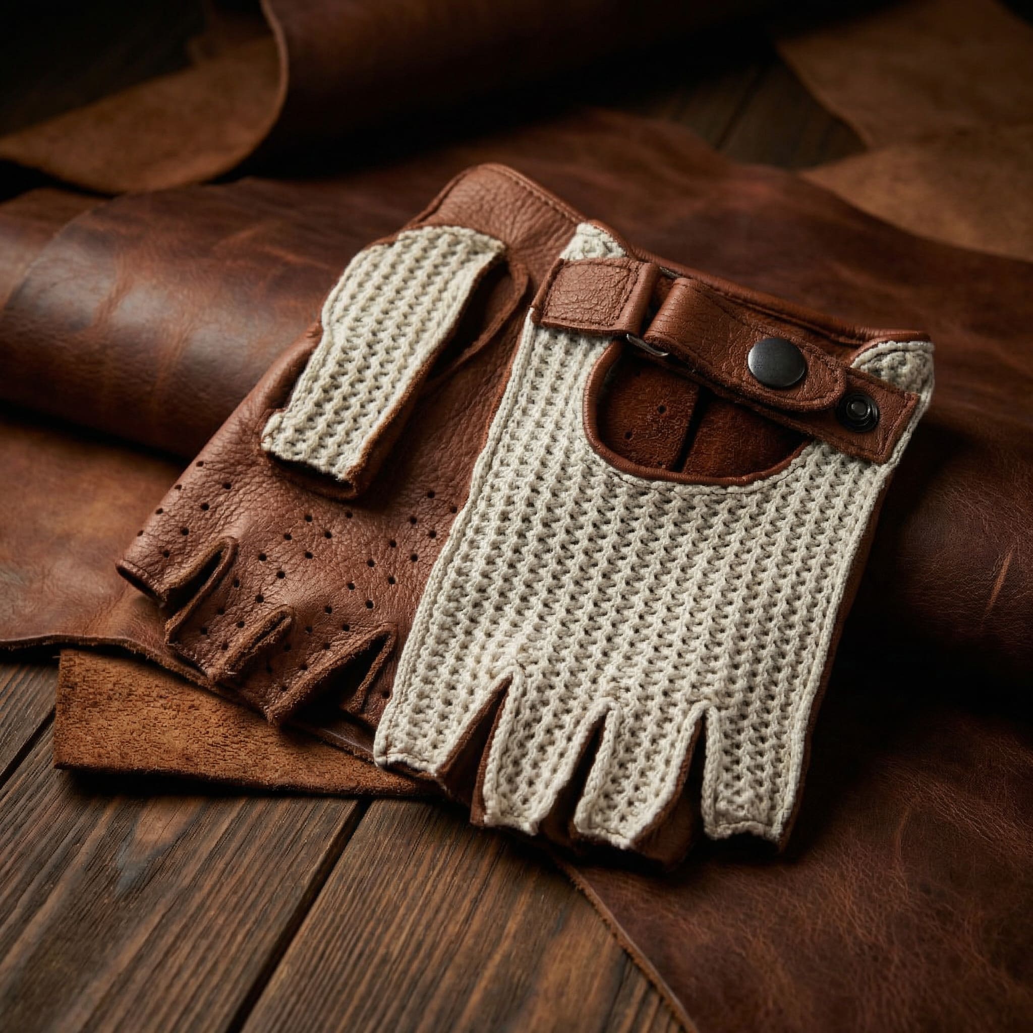 Herren Fingerlose Handschuhe aus cognacfarbenem Hirschleder mit Baumwo – NM Gloves