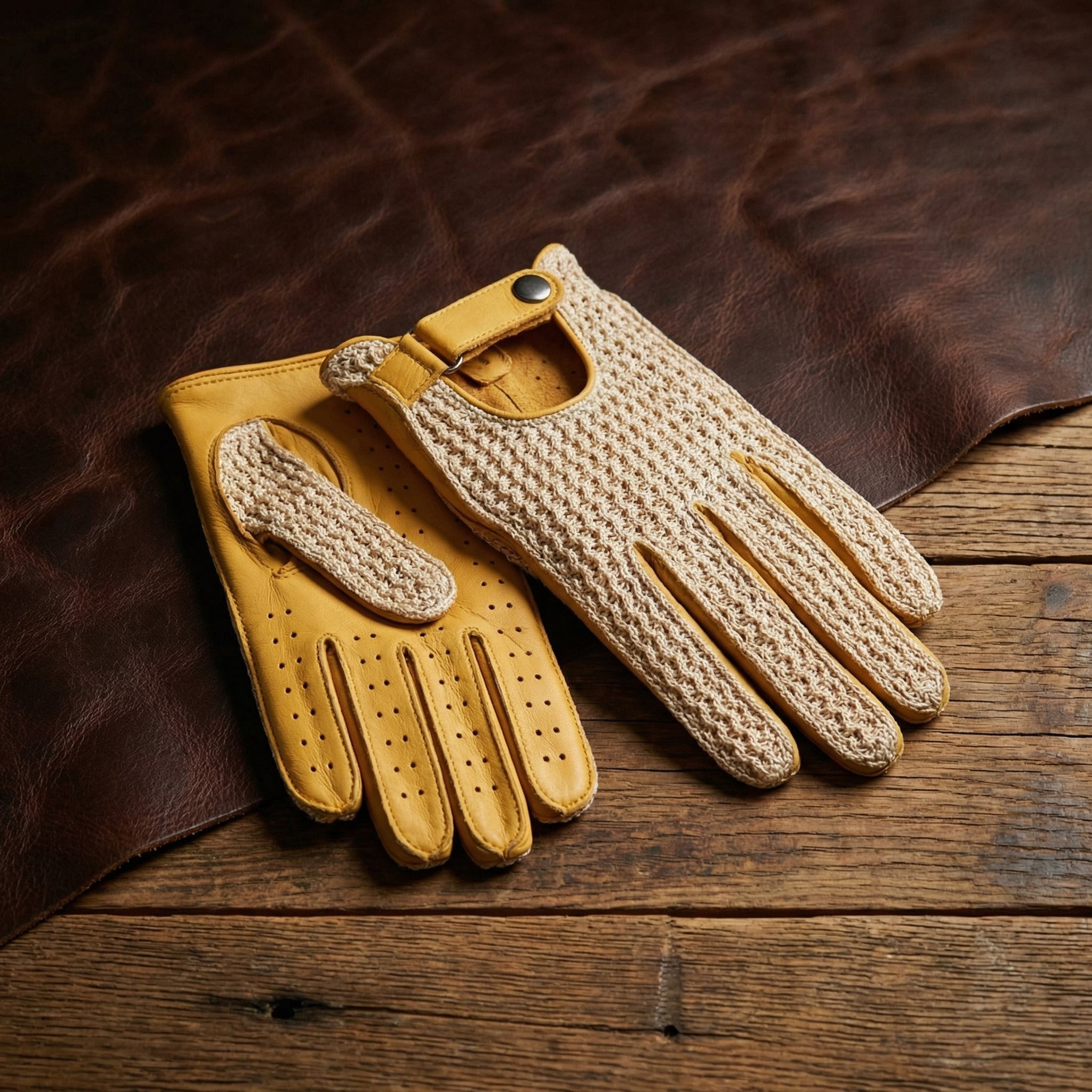 Herren Häkel-Fahrhandschuhe, Hirschleder, Gelb – NM Gloves