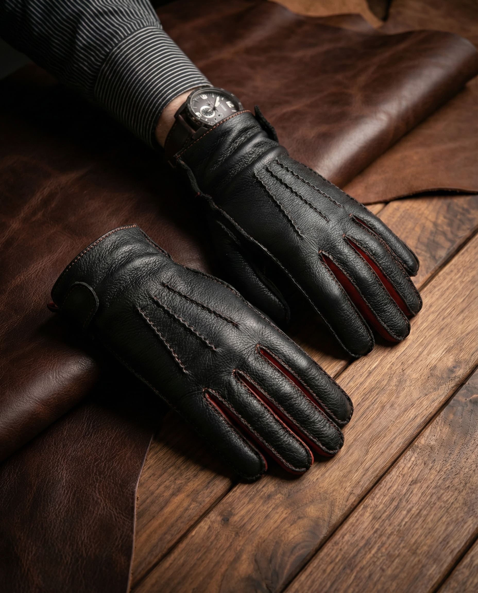 Men’s Deerskin Winter Gloves Black Cashmere Lining & Orange Accents 8