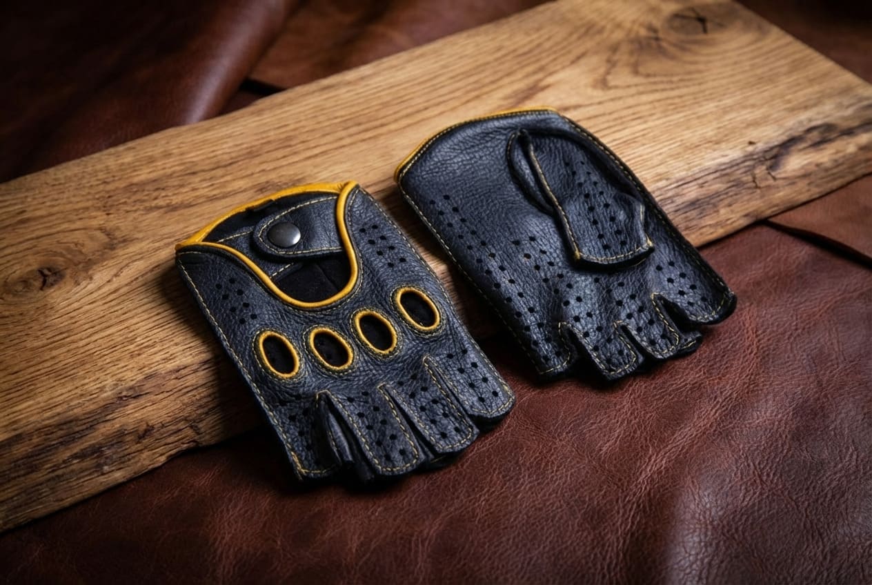 herren fingerlose handschuhe Herren Fingerlose Lederhandschuhe Schwarz mit Gelben Nähten & Paspel – NM Gloves
