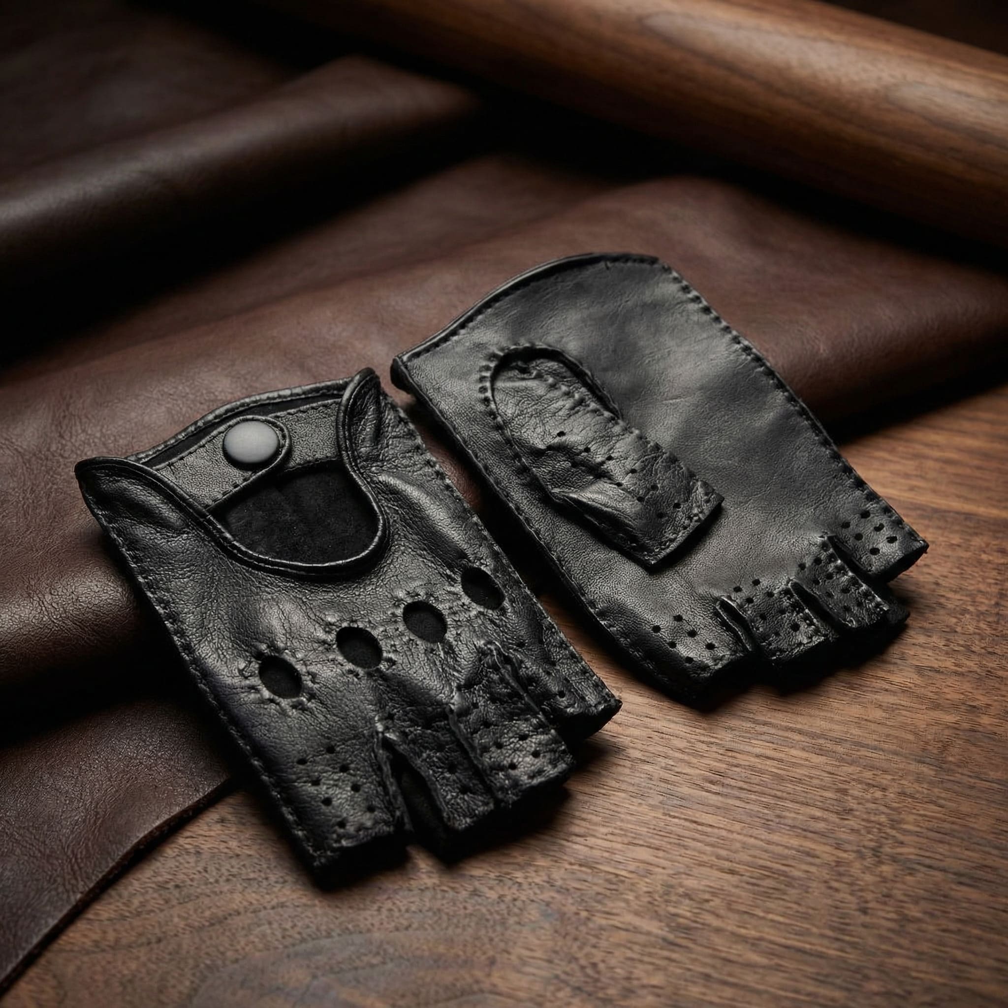 Herren Fingerlose Lederhandschuhe aus Lammleder Schwarz – Handgefertig – NM Gloves