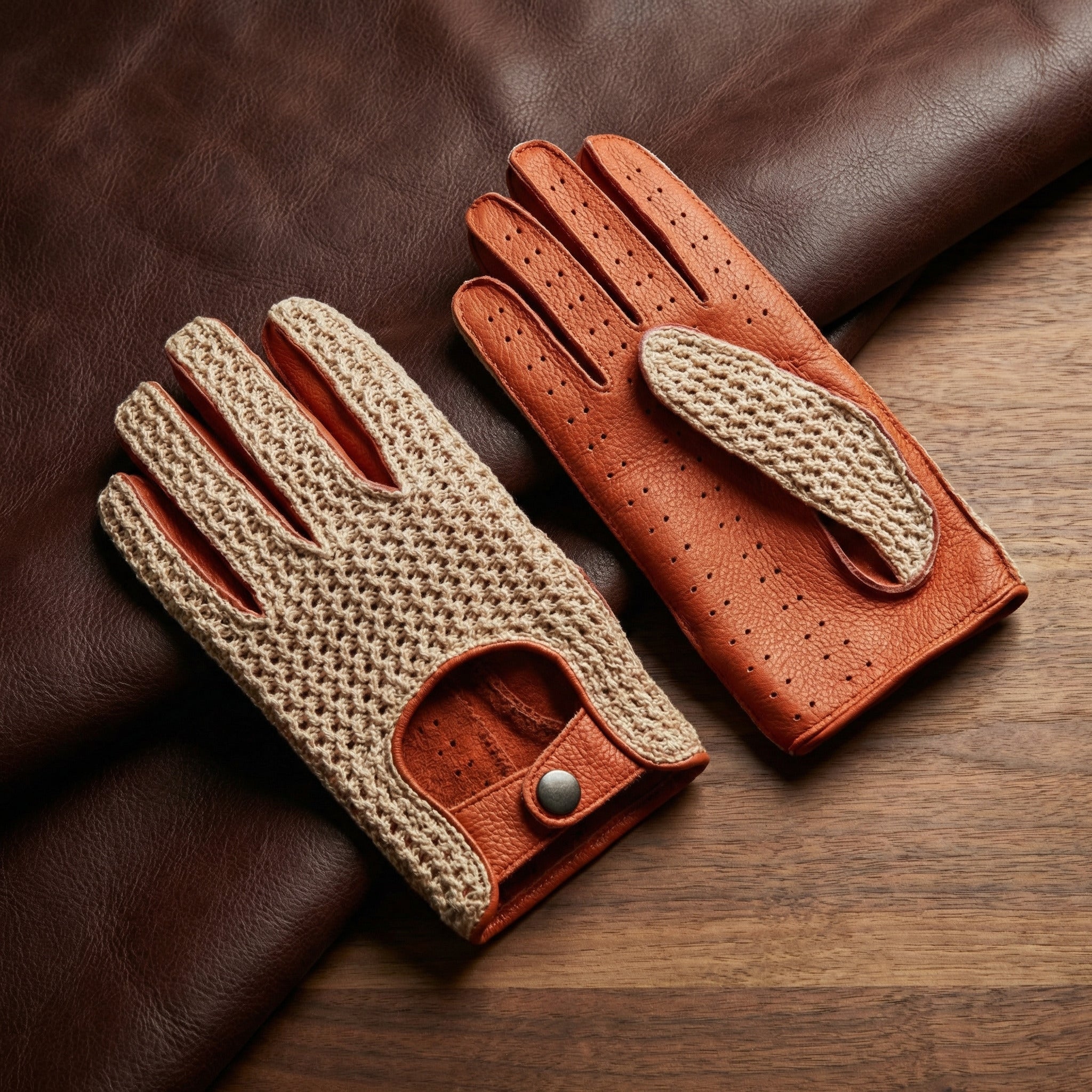 Gehäkelte Autofahrerhandschuhe für Herren aus orangefarbenem Hirschled – NM Gloves