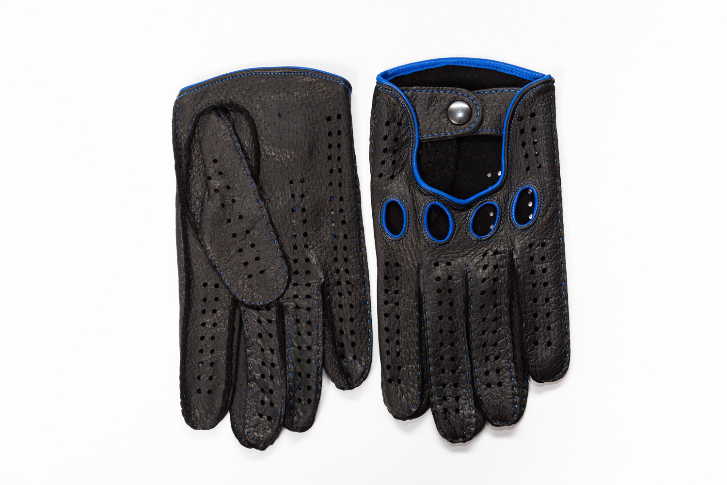 Men's Hand-Sewn Peccary Driving Gloves – Black with Blue Stitching