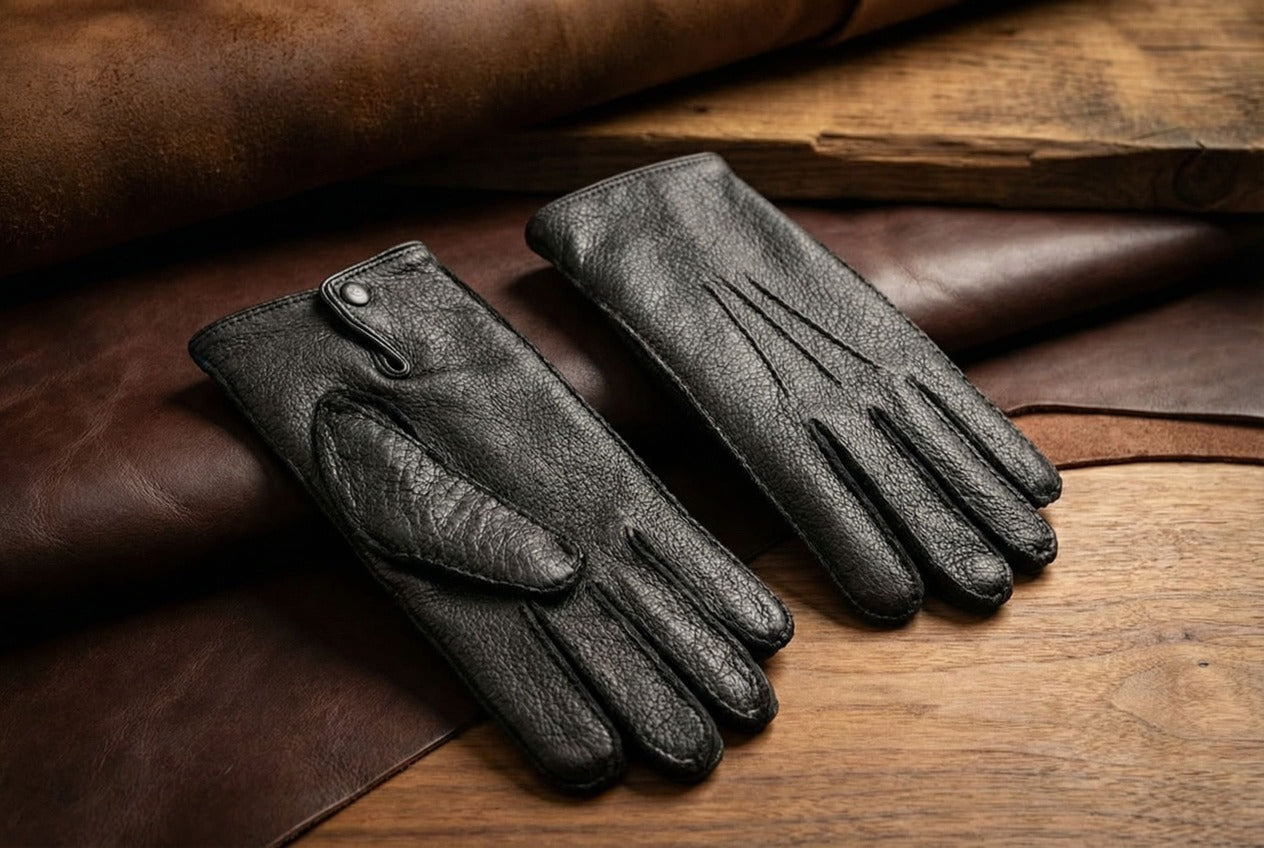 Men's Black Peccary Gloves, Button Closure | NM Gloves