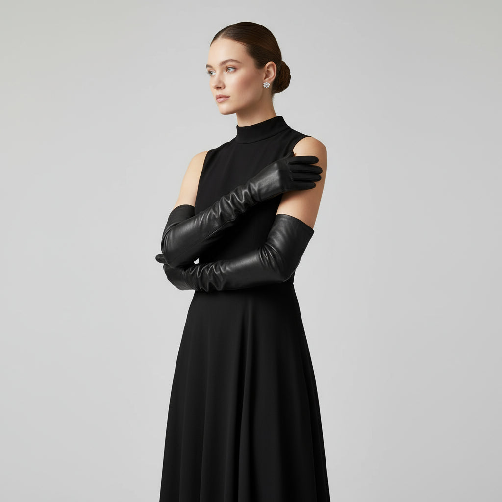 Above the elbow long black leather opera gloves worn by a young woman, showing the 40-42 cm length