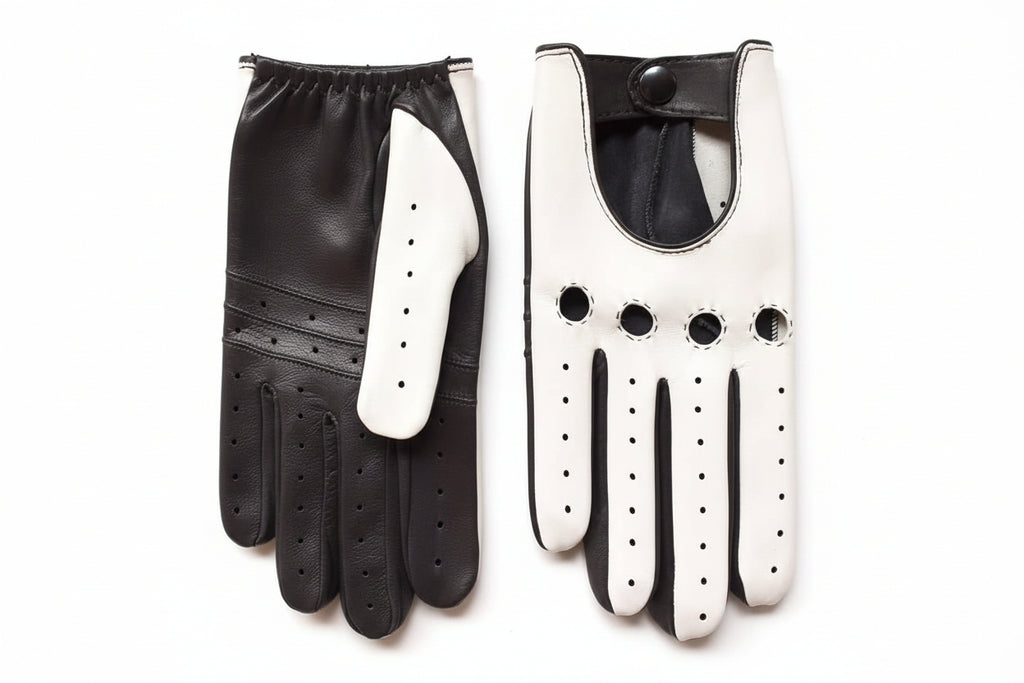Women's Nappa Leather Driving Gloves – Black & White with Inside Stitching