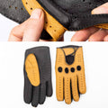 Herren-Fahrhandschuhe aus Hirschleder mit Klettverschluss – Schwarz &amp; Gelb, Komfortpassform