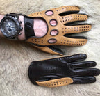 Herren-Fahrhandschuhe aus dunkelbraunem Nappaleder mit Korkgriff