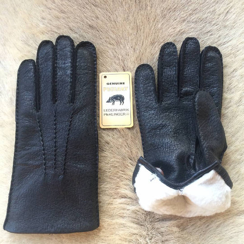 Black Peccary Leather Winter Gloves – Rabbit Fur Lined with Button Closure