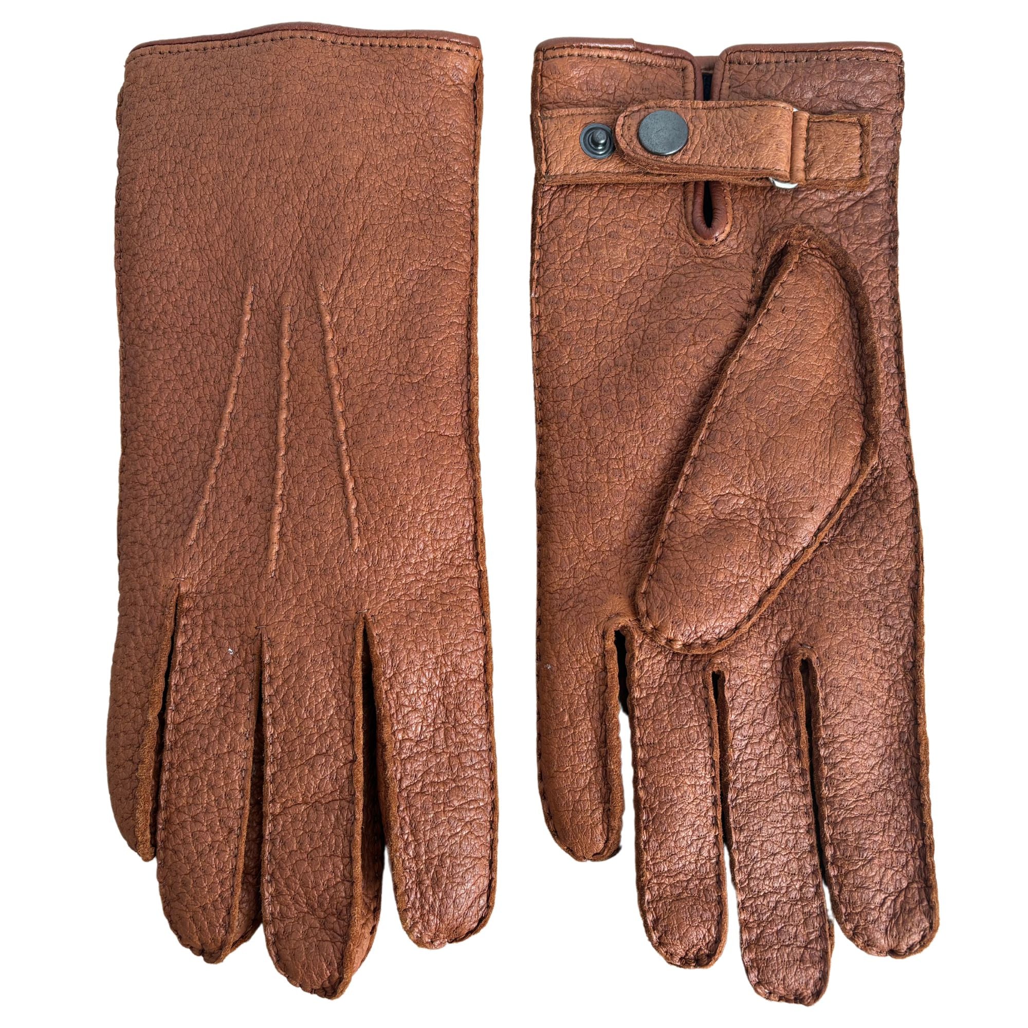 Men’s Cognac Peccary Winter Gloves with Strap Closure and Cashmere Lining – Hand Sewn