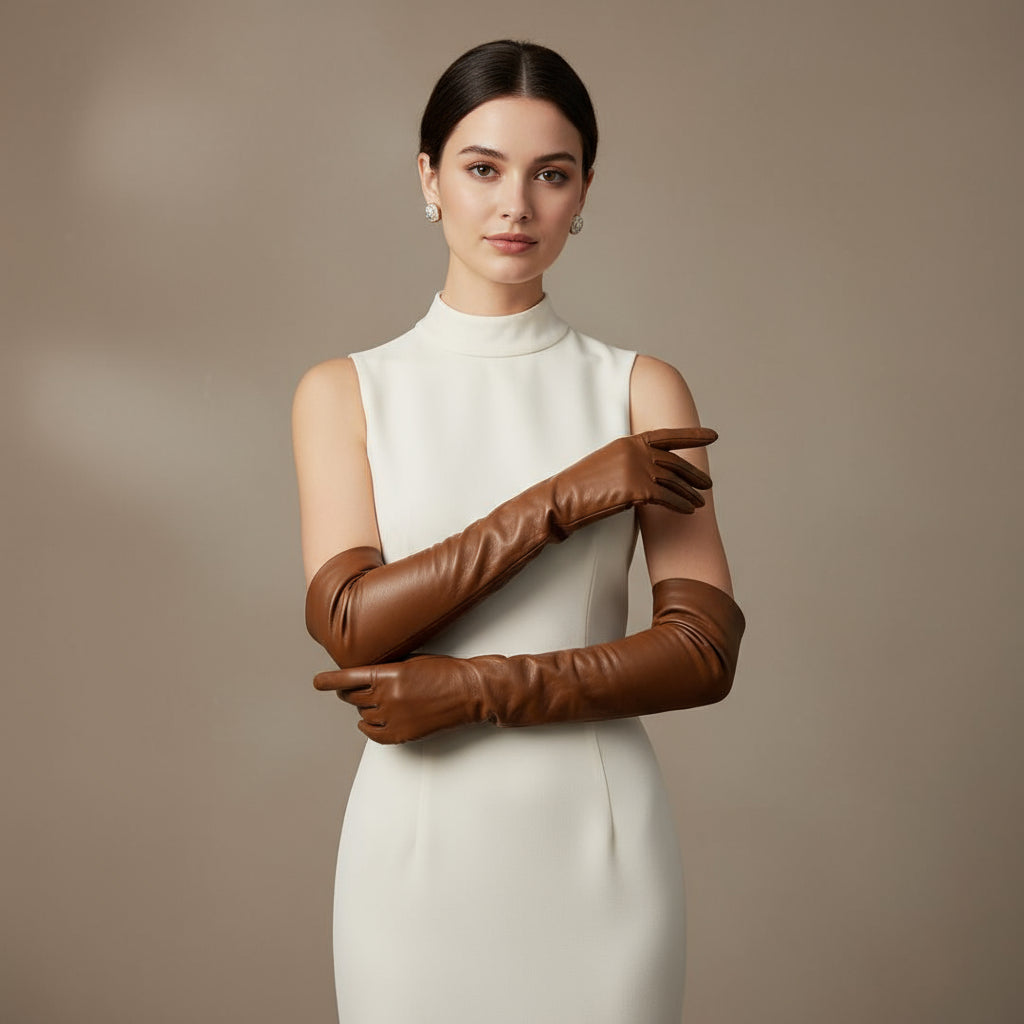 Women’s Opera Long Leather Gloves – Cognac, Silk Lined, 40–42 cm