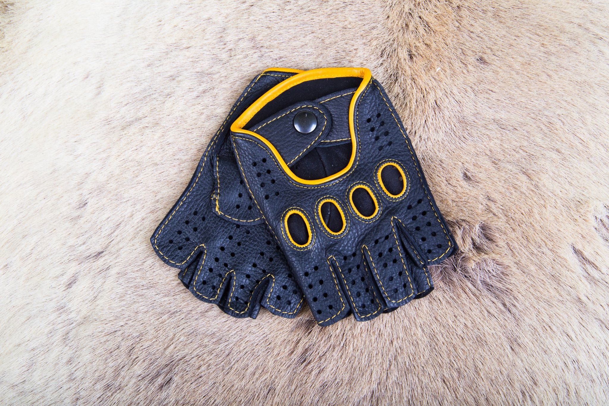 Men's Fingerless Leather Gloves Black with Yellow Stitching & Piping