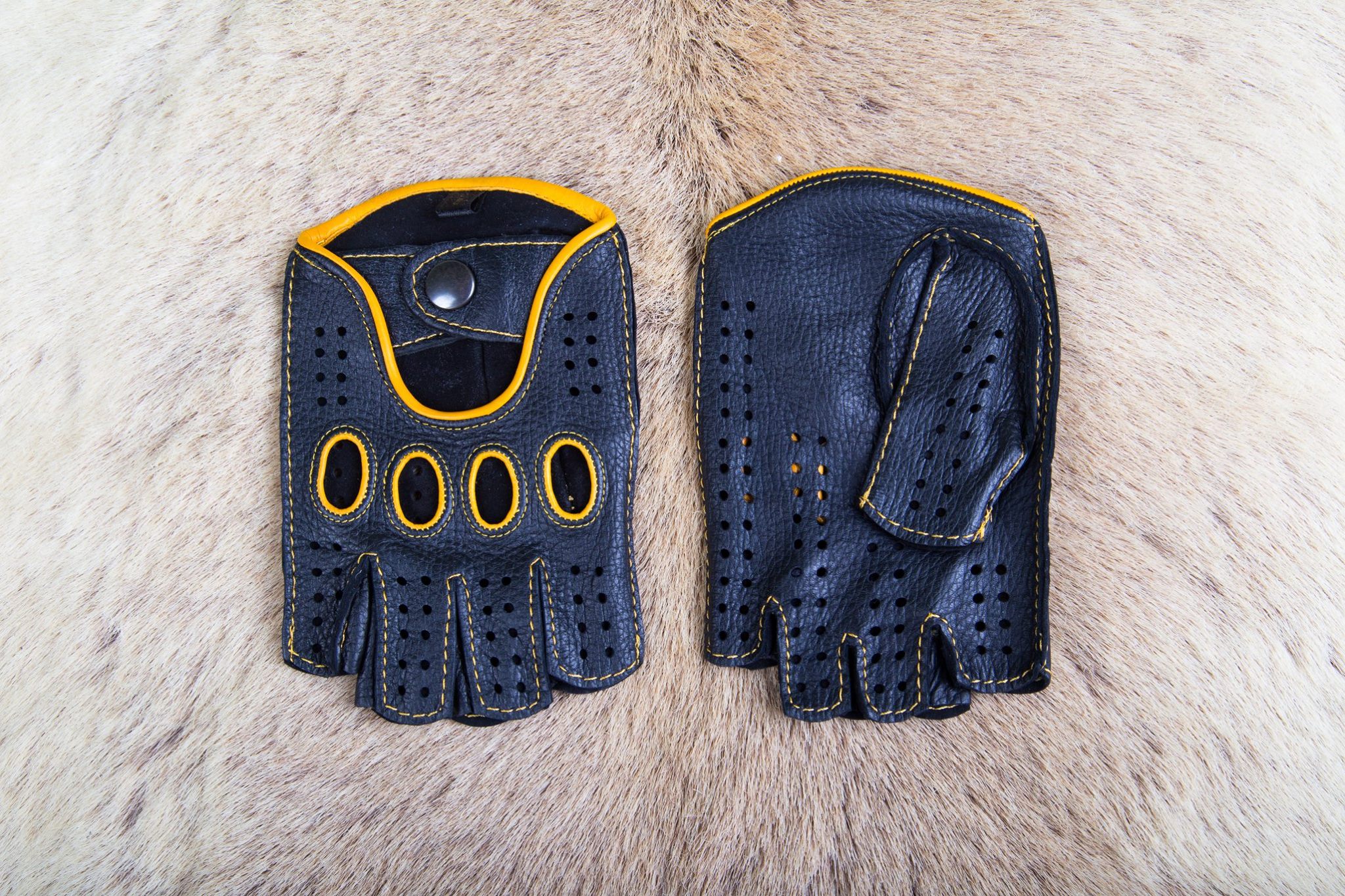 Men's Fingerless Leather Gloves Black with Yellow Stitching & Piping