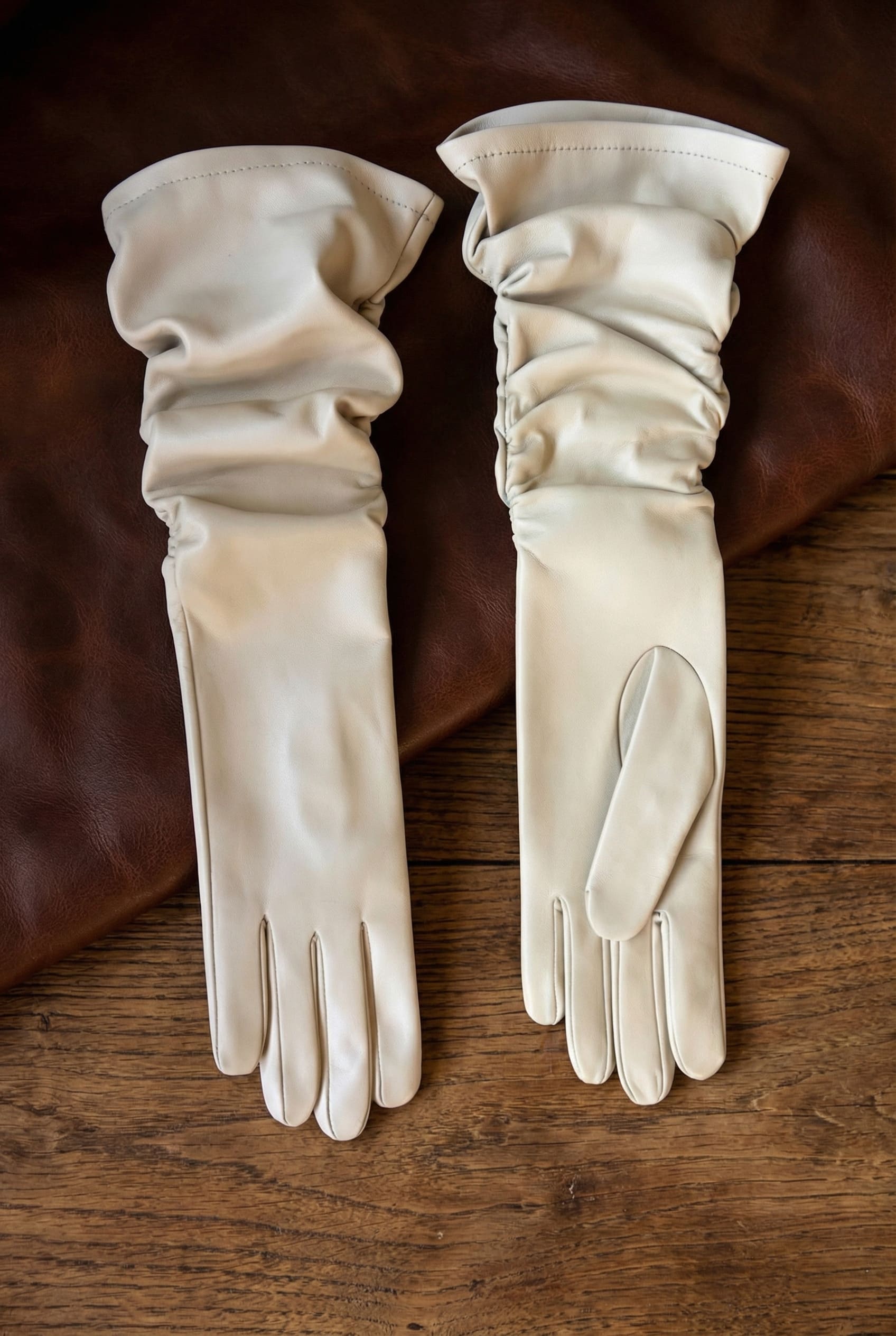 Women’s Semi Long Lambskin Leather Gloves Beige with Side Elastic Detail