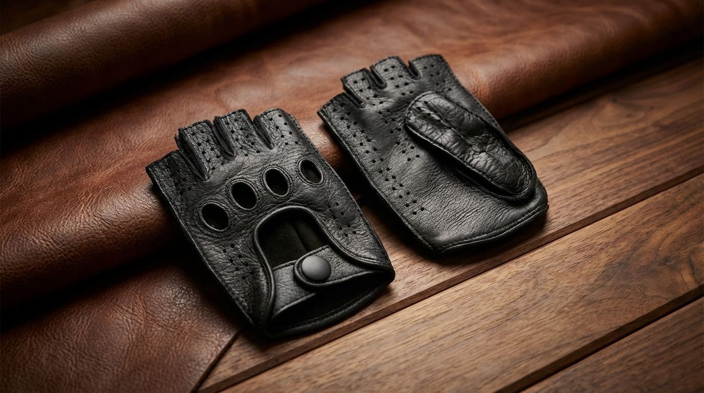 Women's Black Deerskin Fingerless Driving Leather Gloves