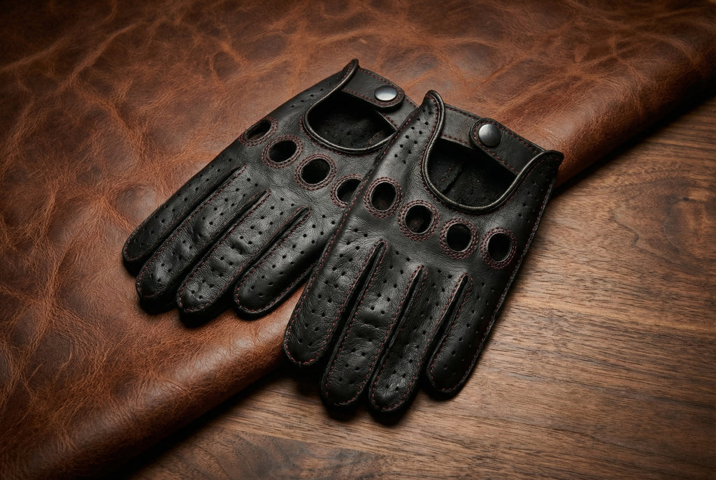 Women's driving gloves deerskin leather black with red stitching