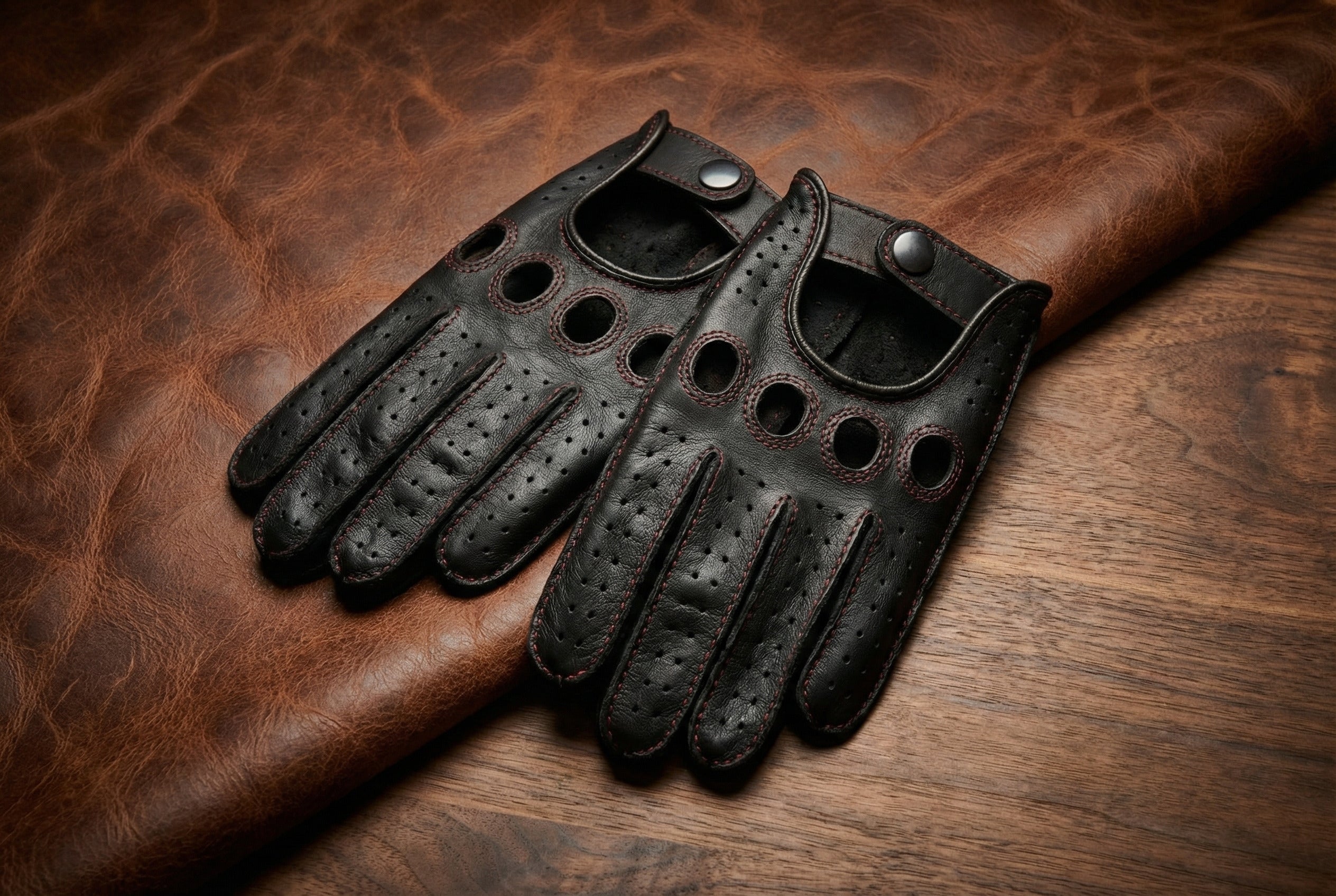 Men’s Black Nappa Leather Driving Gloves – Red Stitching