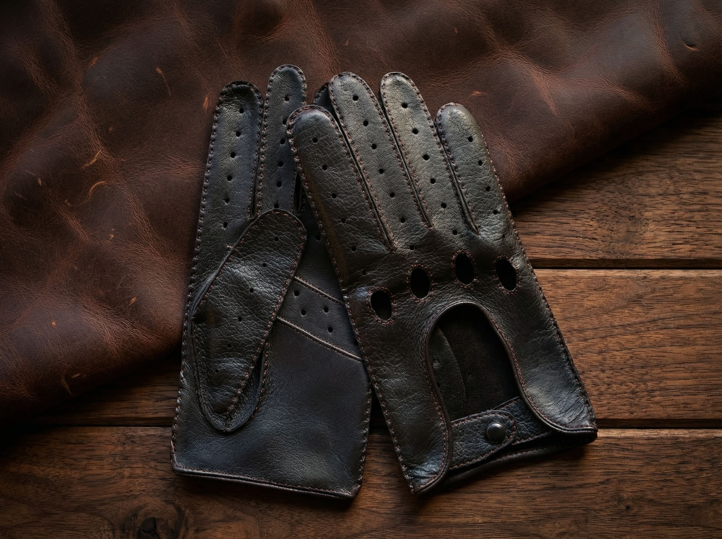 Women’s Driving Gloves – Black Lambskin with Red Stitching, Handcrafted