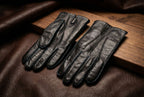 Men’s Black Lambskin Winter Gloves with Rabbit Fur Lining and Sky Blue Stitching
