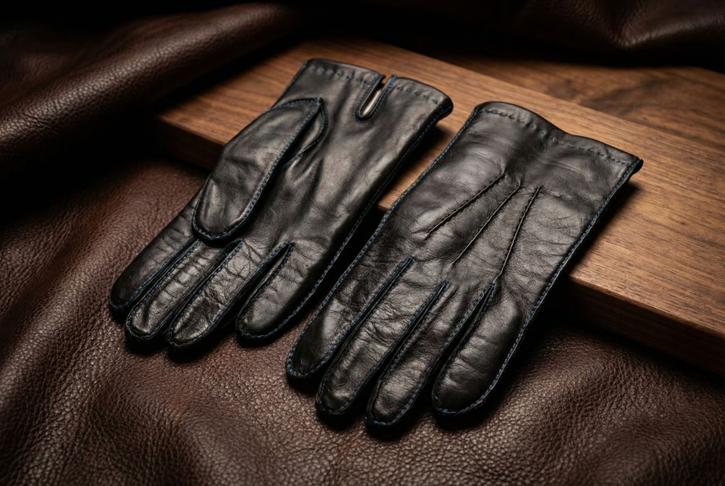 Men’s Black Lambskin Winter Gloves with Rabbit Fur Lining and Sky Blue Stitching