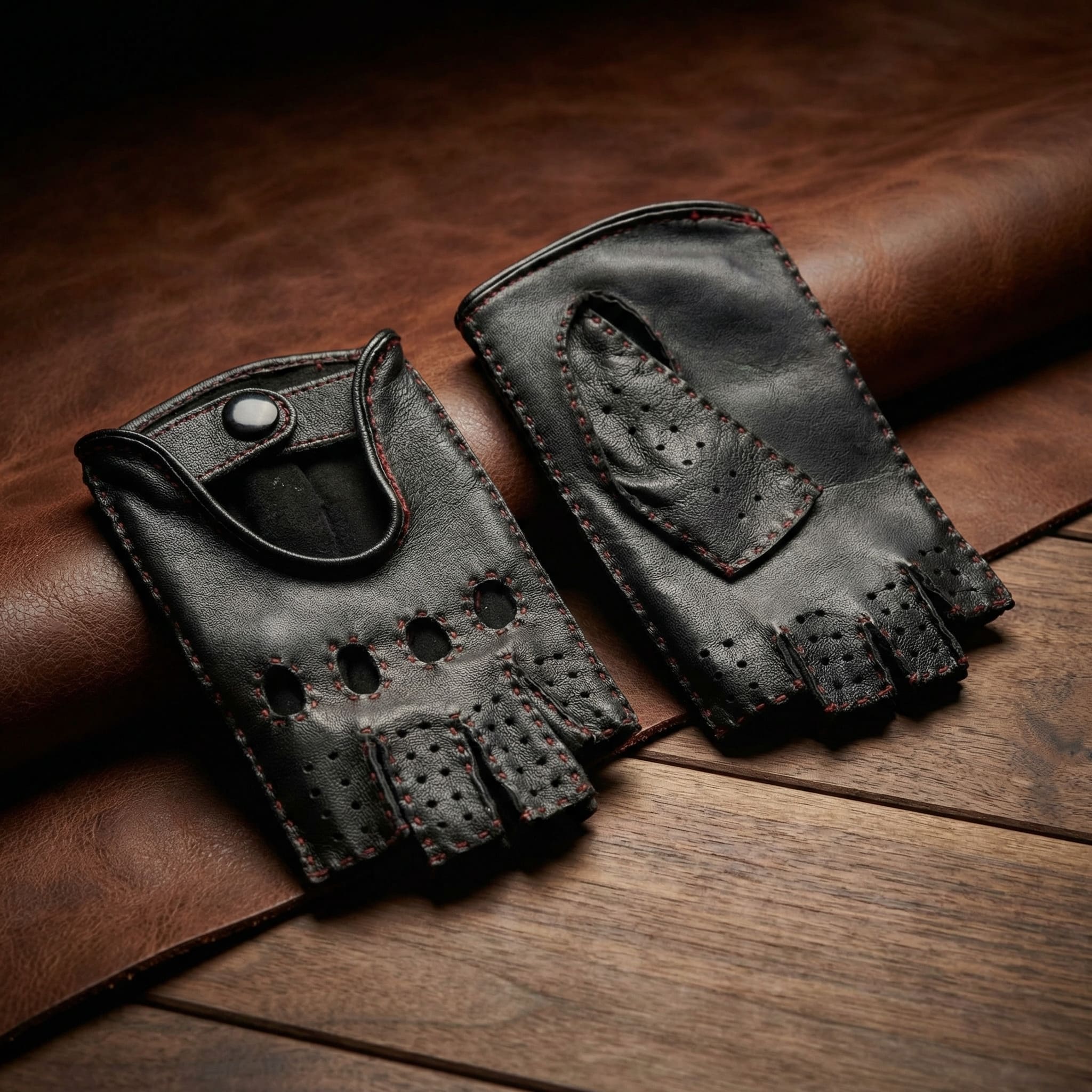 Women’s Fingerless Nappa Leather Gloves – Black with Red Stitching, Handcrafted