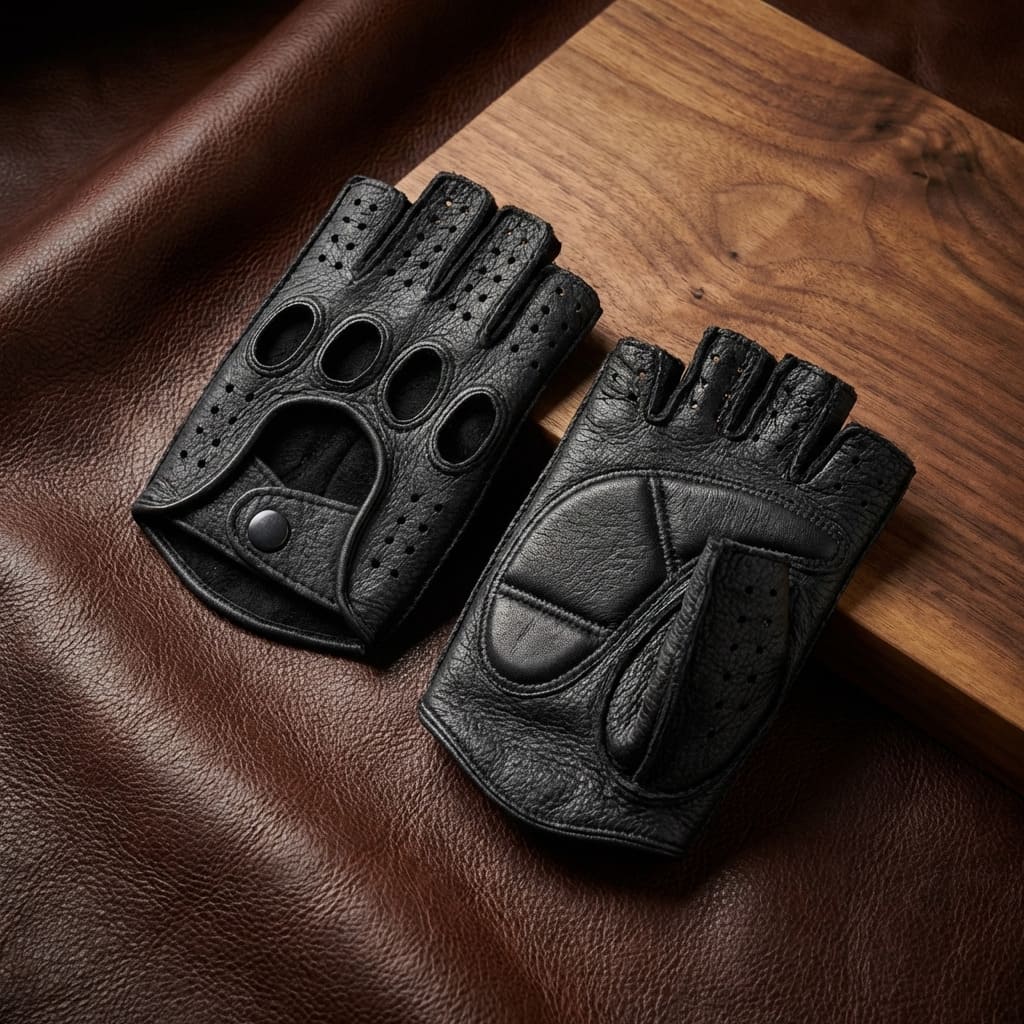 Women's Peccary Fingerless Leather Gloves – Black, Palm Padded