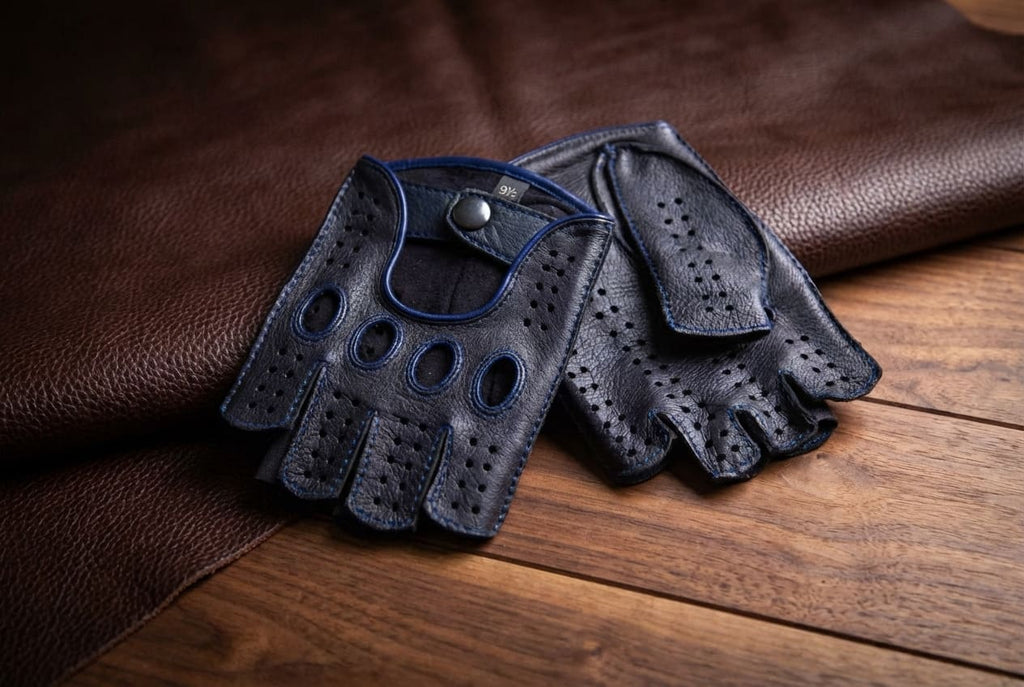 Herren Fingerlose Lederhandschuhe Schwarz mit Blauen Nähten & Paspel