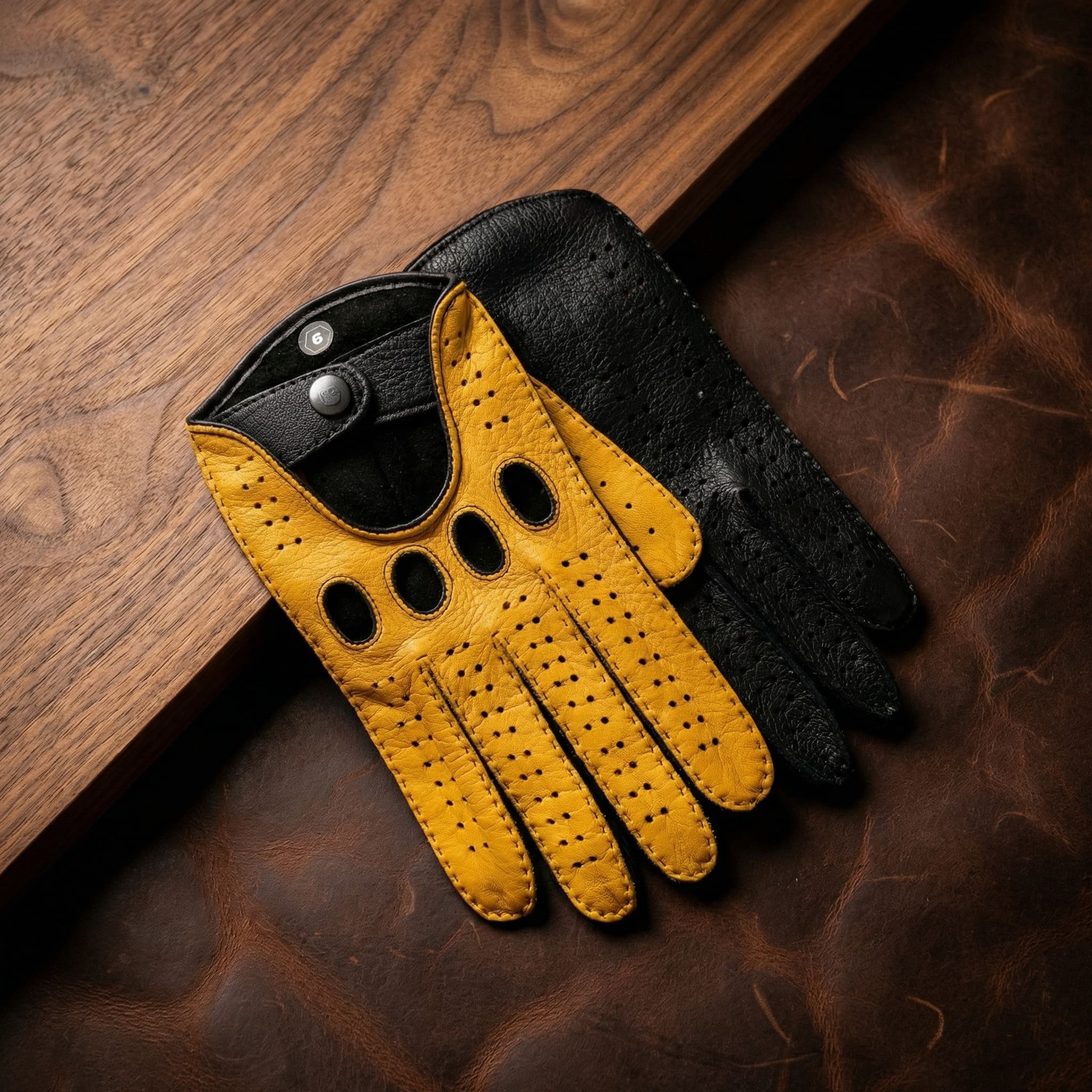 Men’s Driving Gloves – Black & Yellow Deerskin Leather, Handmade