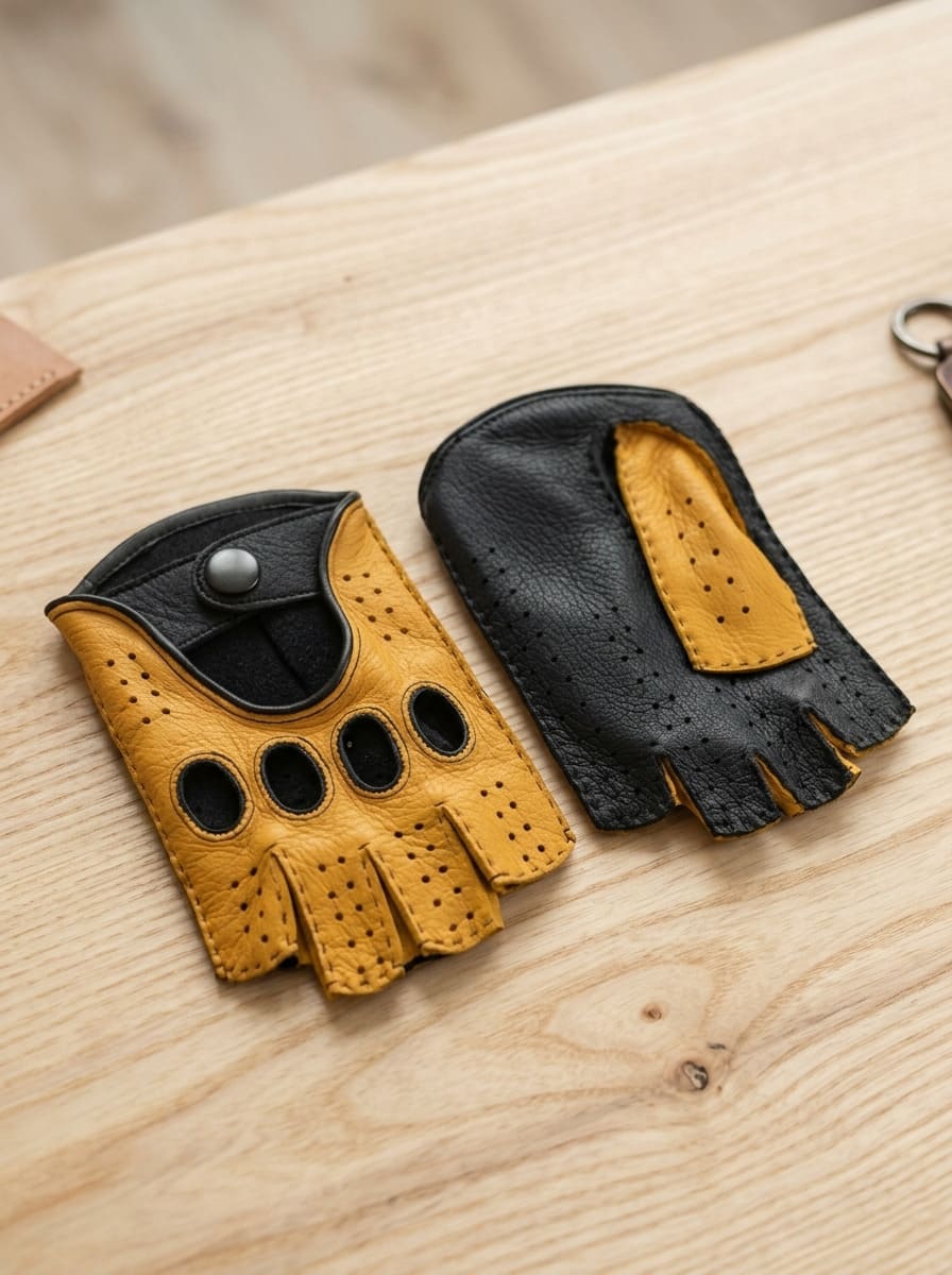 Women's Black & Yellow Deerskin Fingerless Leather Gloves