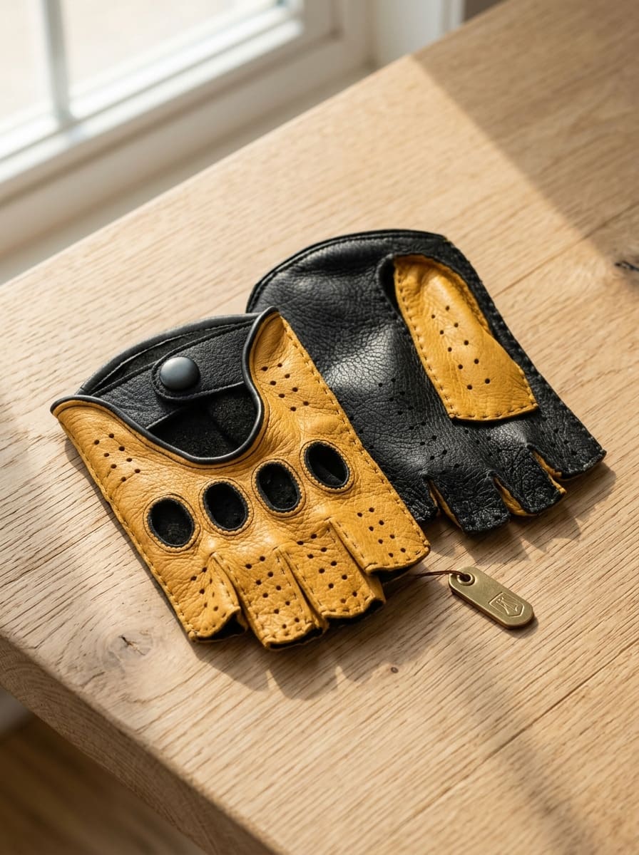 Women's Black & Yellow Deerskin Fingerless Leather Gloves