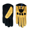 Men's peccary driving gloves with yellow top, black palm and black hand-sewn stitching and piping