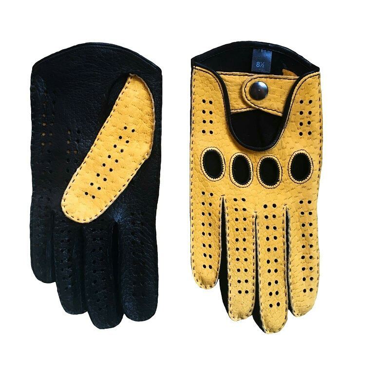Men's peccary driving gloves with yellow top, black palm and black hand-sewn stitching and piping