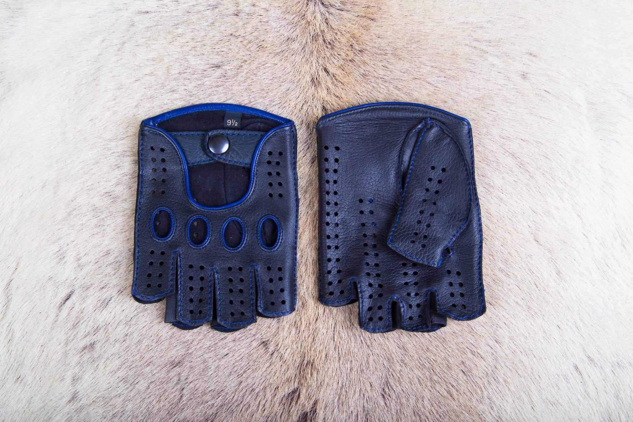 Men's Fingerless Leather Gloves Black with Blue Stitching & Piping