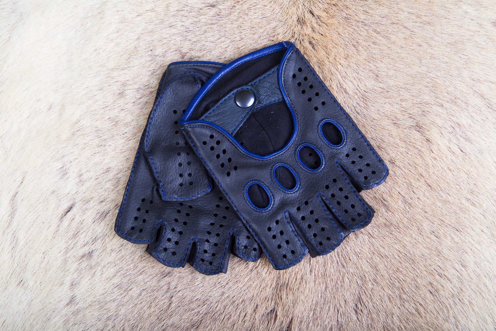 Men's Fingerless Leather Gloves Black with Blue Stitching & Piping