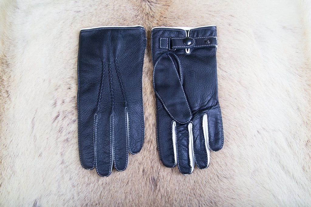 Herren Winterhandschuhe Schwarzes Hirschleder mit Weißem Kaschmir-Futter