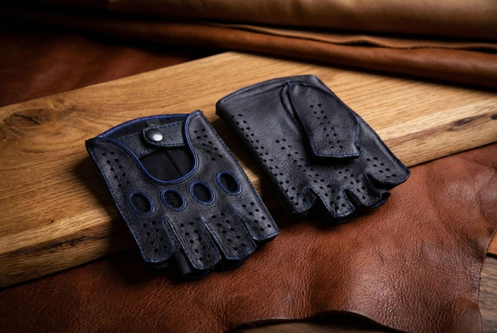 Herren Fingerlose Lederhandschuhe Schwarz mit Blauen Nähten & Paspel
