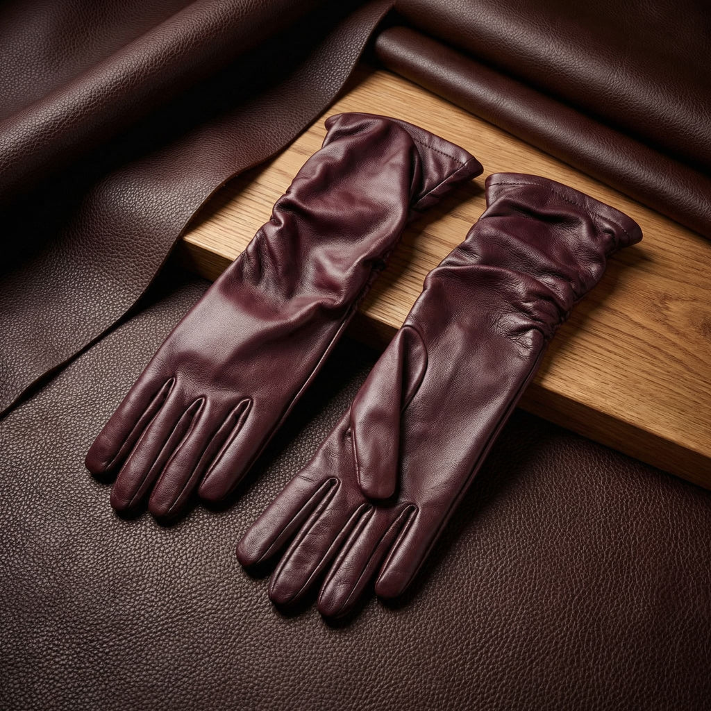 Damen halb lange Handschuhe aus burgunderfarbenem Lammleder mit seitlichem Elastikdetail