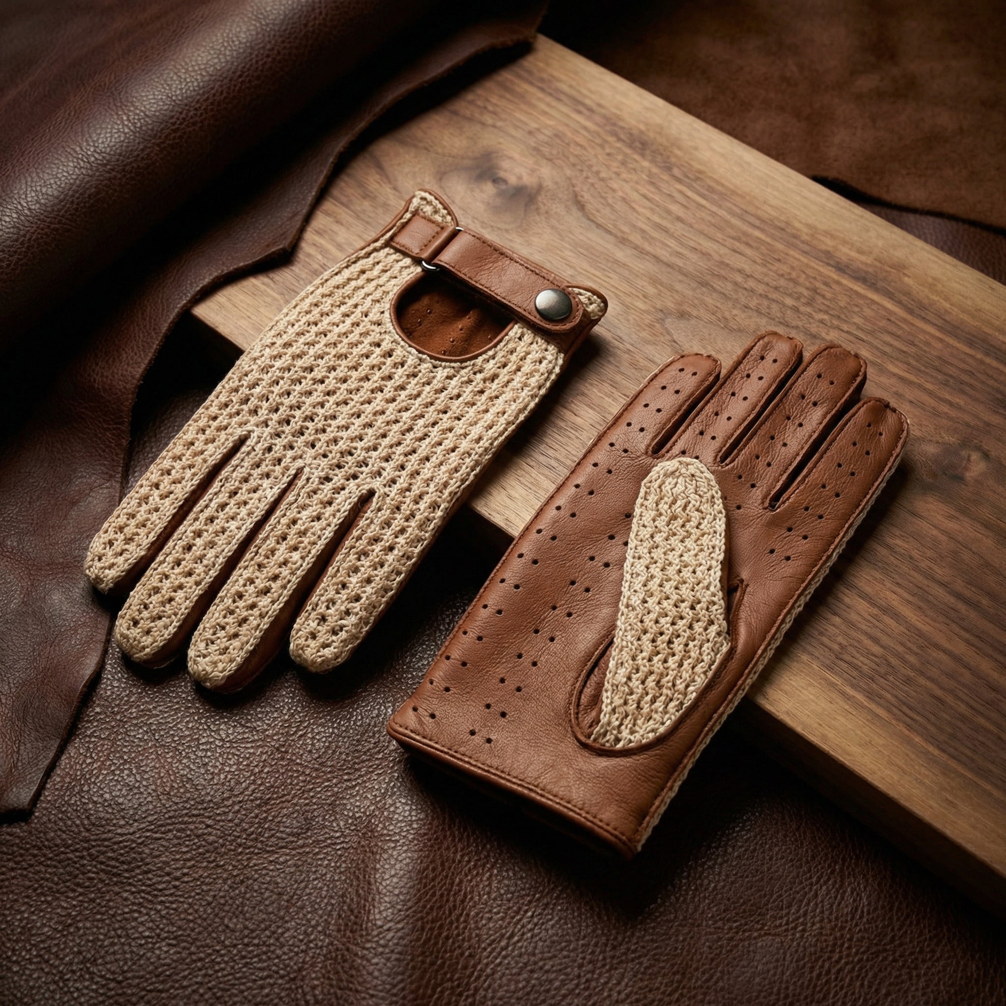 Men’s Cabrio Crochet Driving Gloves – Camel Brown Deerskin, Handmade
