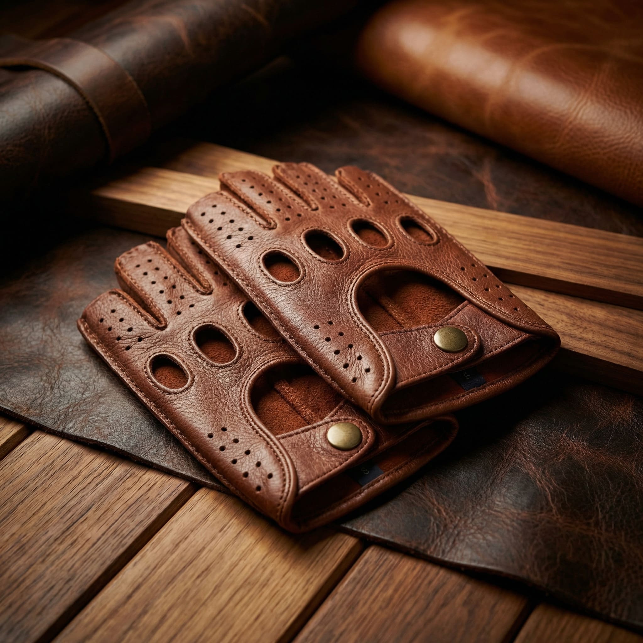 Men’s Fingerless Leather Gloves – Palm Padded for Cycling & Driving Camel