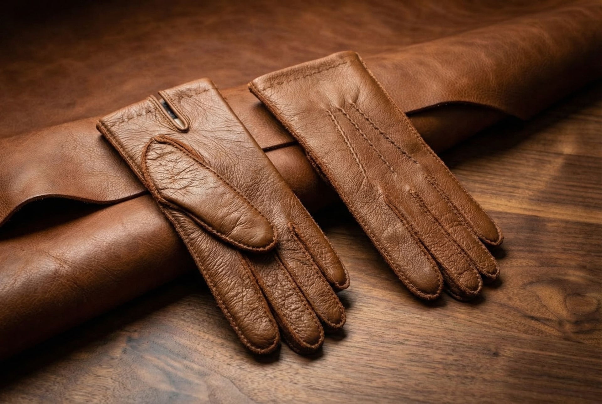 Damen Winterhandschuhe aus Hirschleder Kamelbraun mit Kaninchenfellfutter