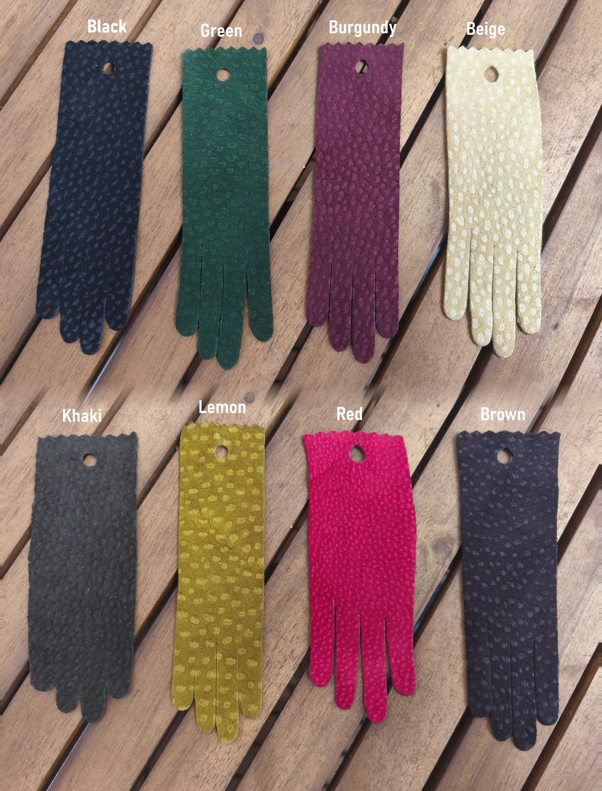 Carpincho leather colour chart for NM Gloves handmade gloves, showing black, green, burgundy, beige, khaki, lemon, red and brown