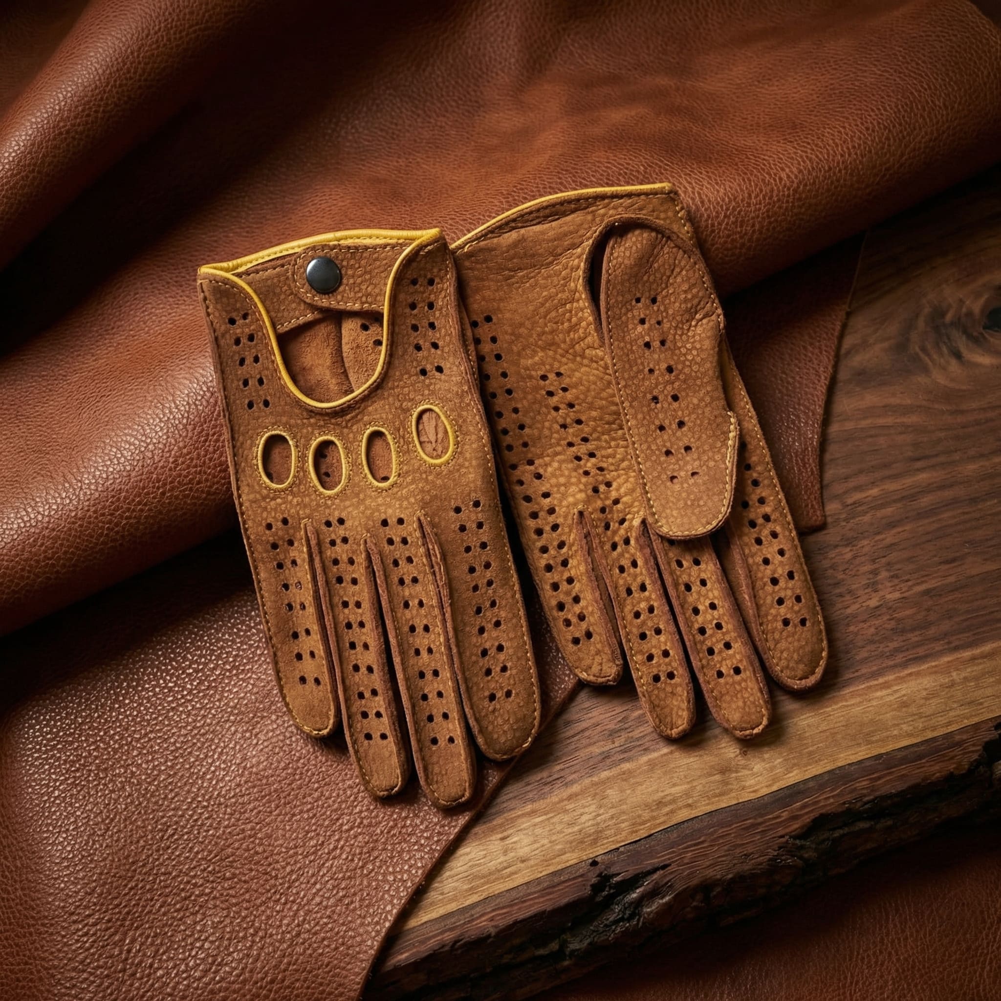 Carpincho Leather Driving Gloves – Cognac with Yellow Stitching for Men