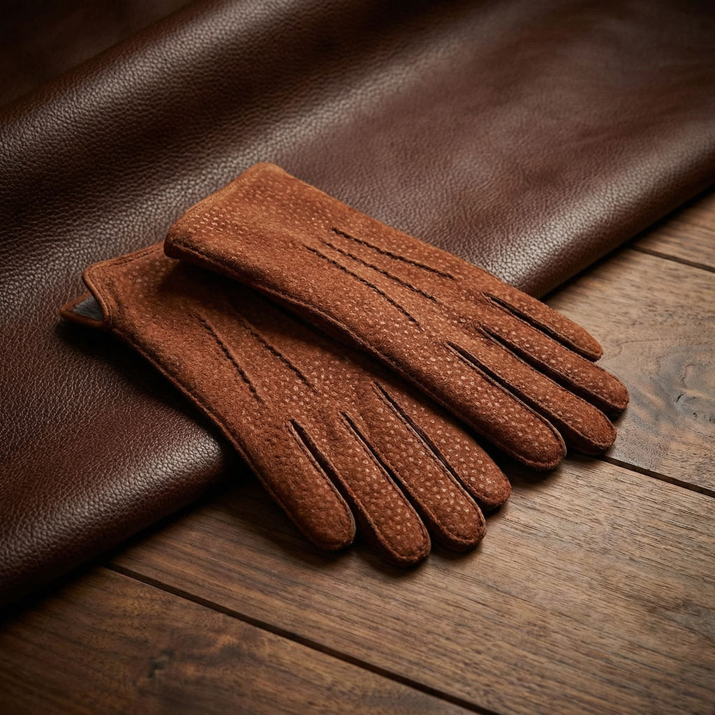 Men's Capybara Leather Gloves – Cashmere Lined with Side Vent Opening Cognac