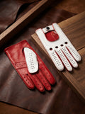 Women's Driving Gloves Lambskin Leather Hand Made Red White – Top White, Palm Red, Red Contrast Stitching and Piping