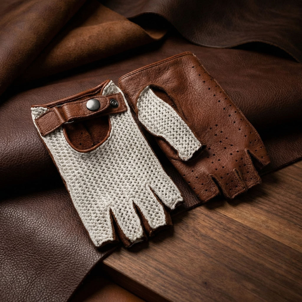 Men’s Cognac Fingerless Gloves with Deerskin Leather Palm and Cotton Crochet Top