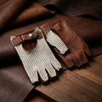 Men’s Cognac Fingerless Gloves with Deerskin Leather Palm and Cotton Crochet Top