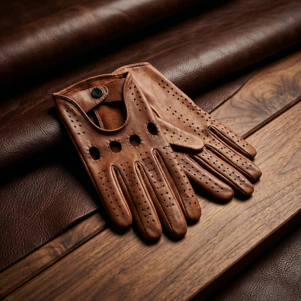 Men’s Lambskin Driving Gloves – Cognac, Hand-Sewn Inside, Premium Leather