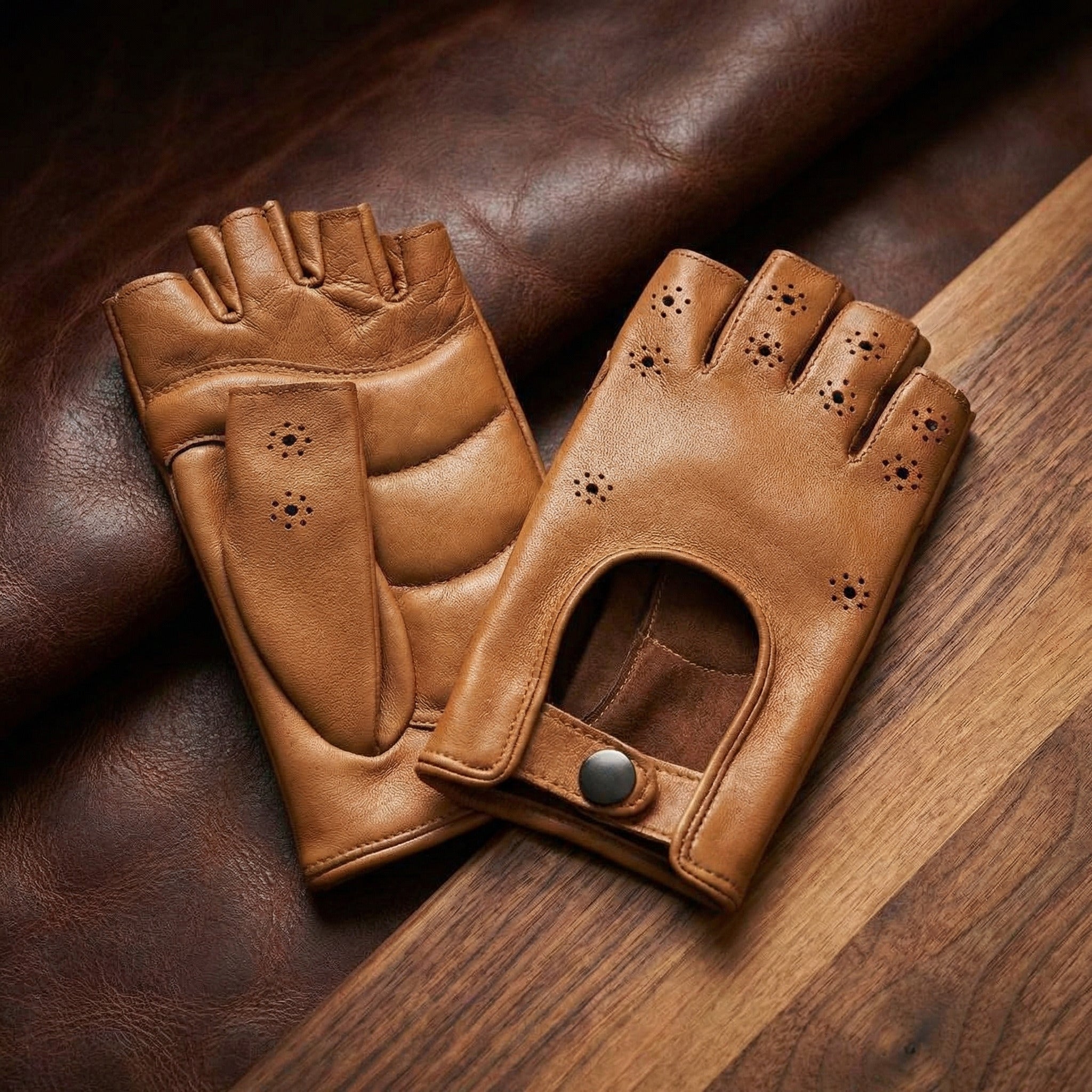 Women's Fingerless Leather Gloves Nappa Leather Cork Color Palm Padded