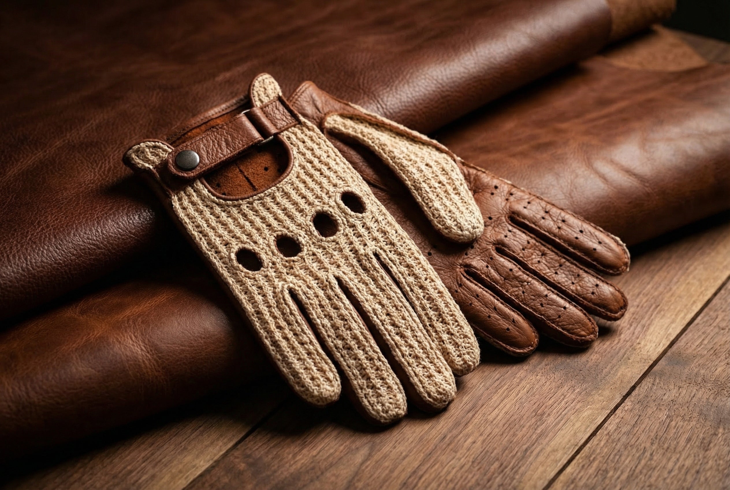 Men’s Crochet Driving Gloves – Camel Brown Deerskin, Handmade