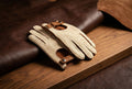 Women's crochet driving gloves camel brown deerskin